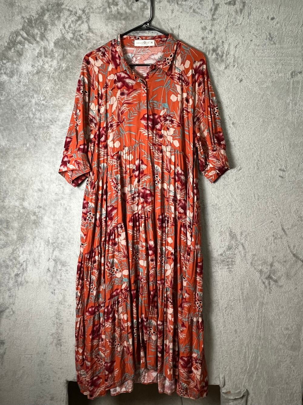 Natural Life Floral Tiered‎ Midi Dress Button Front Boho Women's Medium Orange